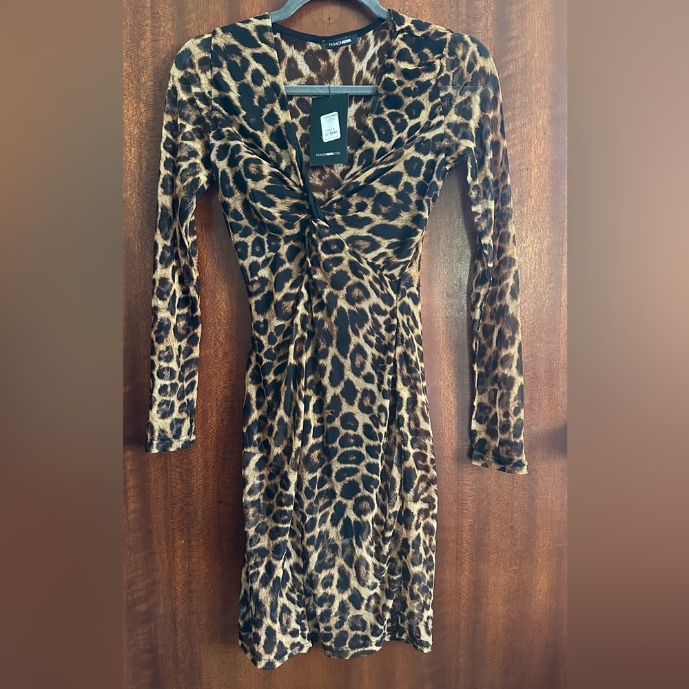 Fashion Nova Leopard Long Sleeve Sheer Dress